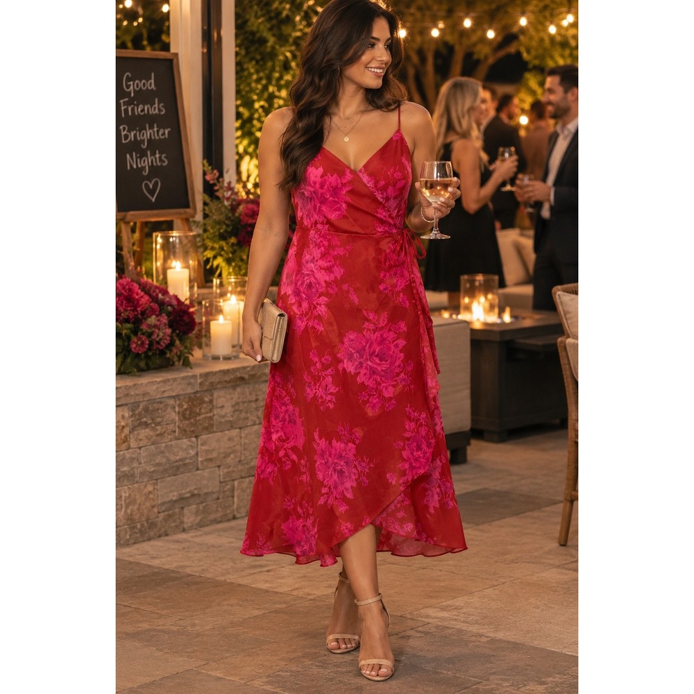 HM Red Pink Floral Wrap Midi Dress Satin Sleeveless US 14